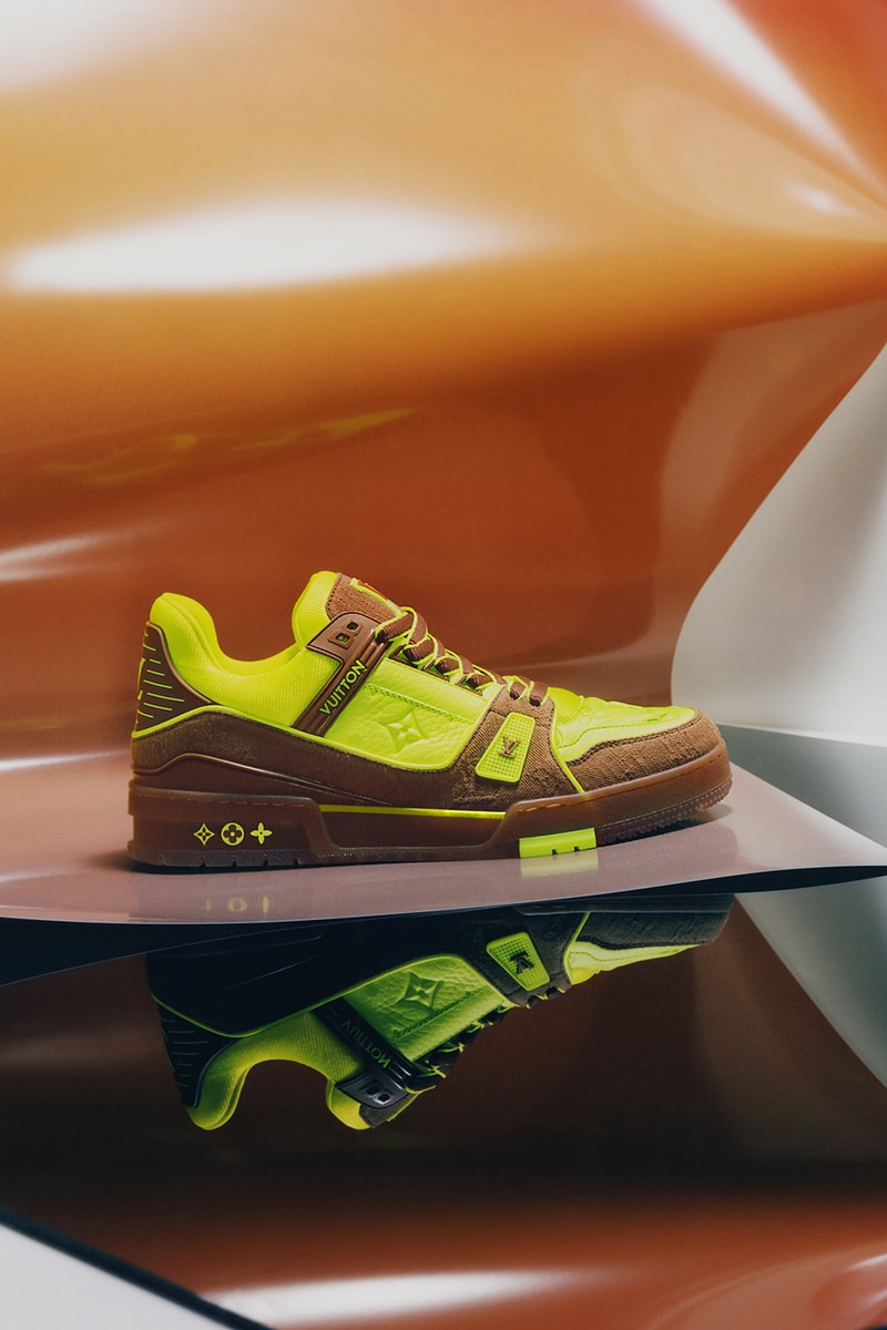 louis vuitton lv trainers sneakers footwear virgil abloh pink neon green brown