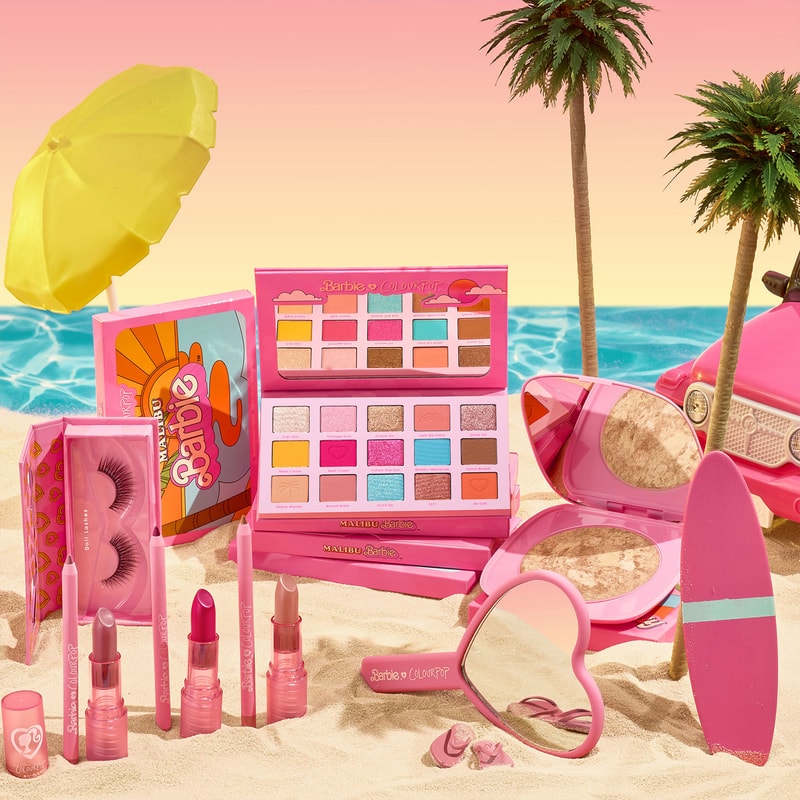 malibu barbie colourpop cosmetics 50th anniversary collaboration eyeshadow palette lipsticks false eyelashes mirror