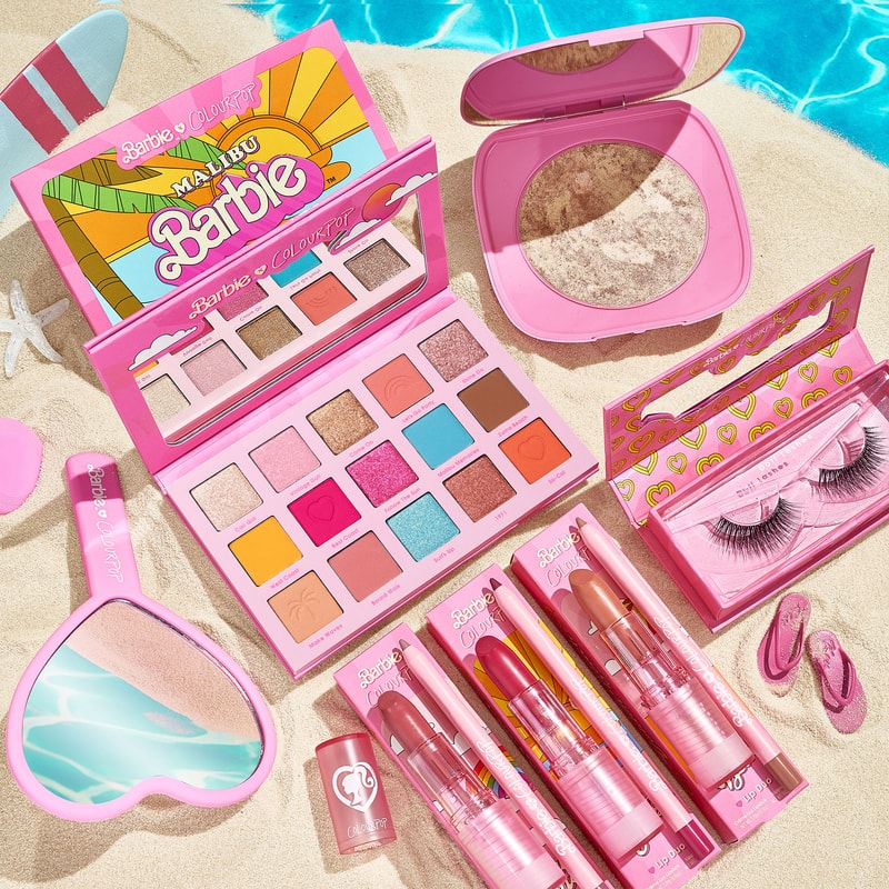malibu barbie colourpop cosmetics 50th anniversary collaboration eyeshadow palette false eyelashes mirror