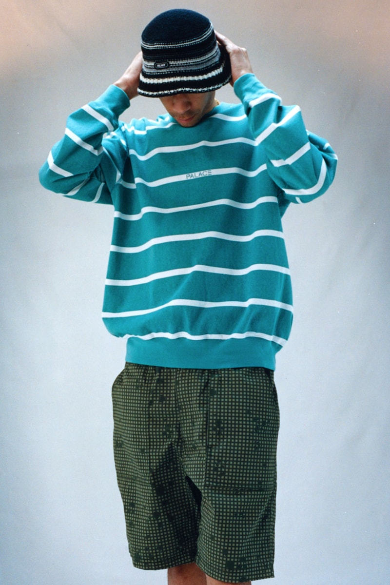 palace skateboards summer 2021 lookbook collection drop striped sweatshirt bucket hat shorts