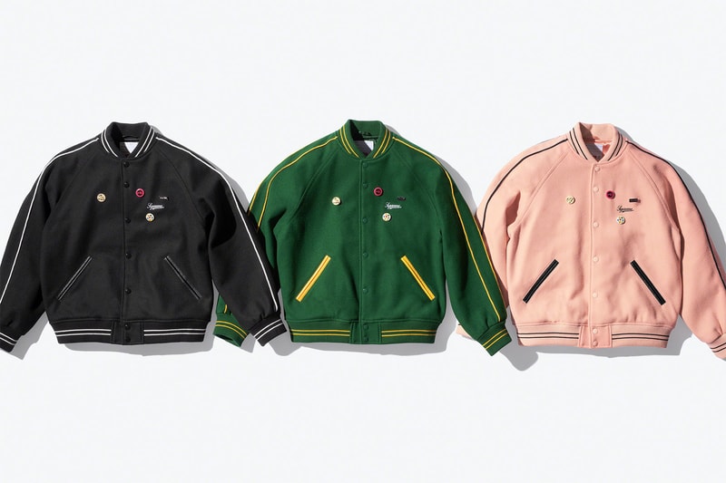 supreme jamie reid spring 2021 collection varsity jackets black green pink