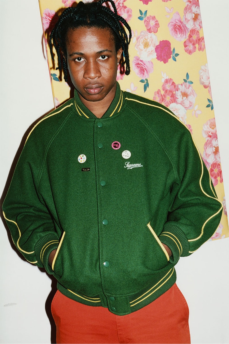 supreme jamie reid spring 2021 collection green varsity jacket