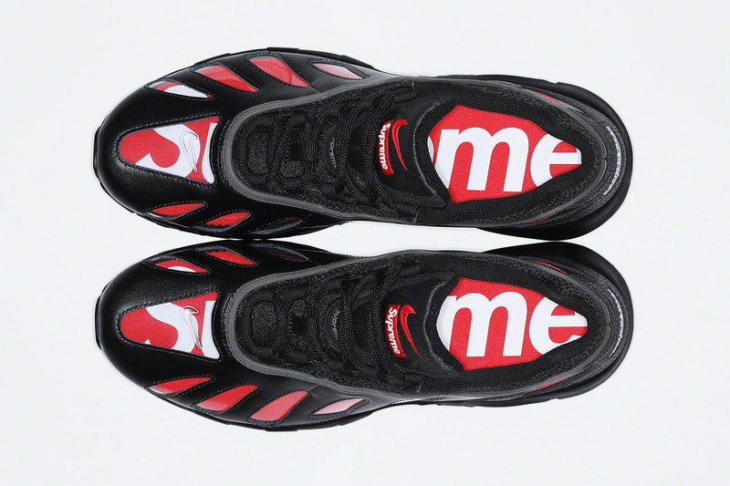 supreme nike air max am96 sneakers collaboration black red soles