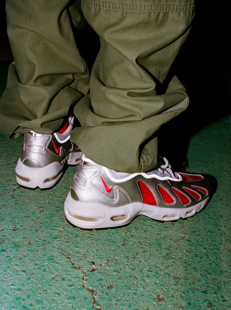 supreme nike air max am96 sneakers collaboration on-foot silver red socks