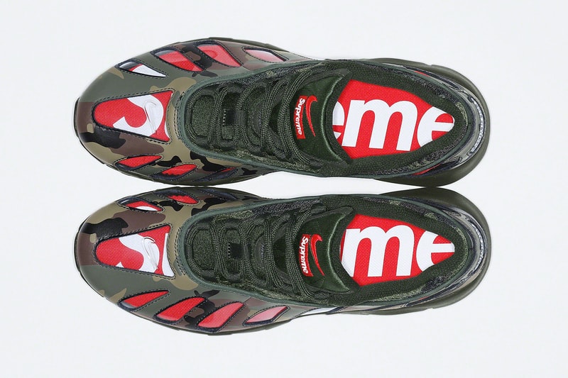supreme nike air max am96 sneakers collaboration top view camo details box logo