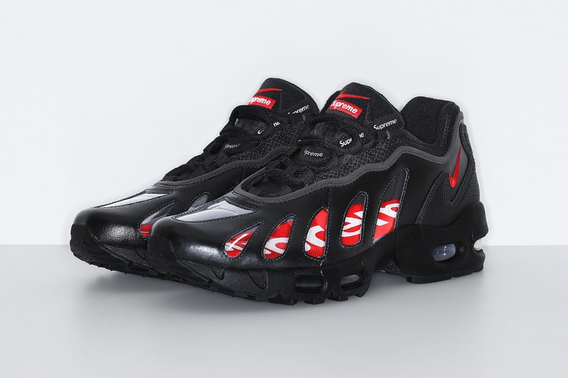 supreme nike air max am96 sneakers collaboration black transparent insoles box logo