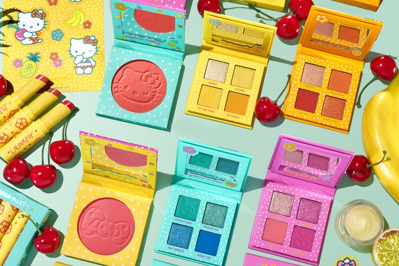 Hello Kitty ColourPop Tropical Escape Collection eyeshadow palettes Pressed Powder Blushes Glowing Lip Balm kit Pineapple Lip Scrub