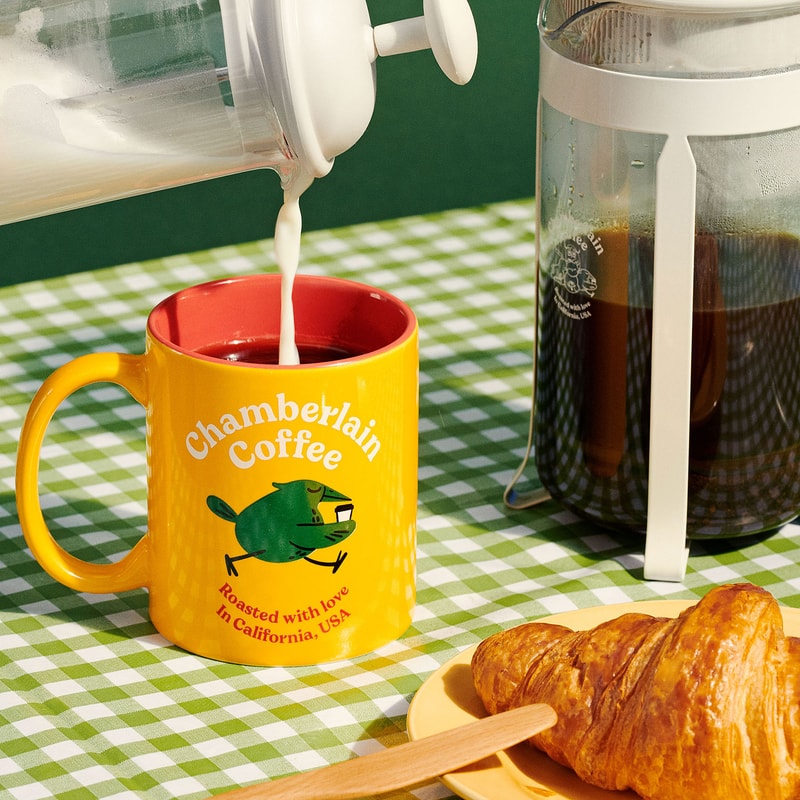 emma chamberlain cofee bodum brewing tools collaboration croissant milk frother french press mug