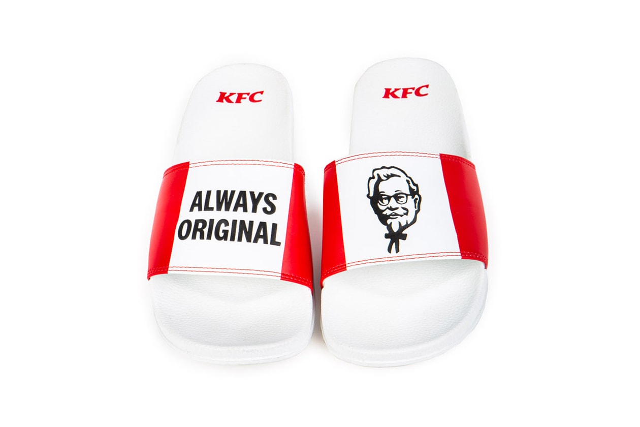 KFC UK Slides and Bucket Hats Summer Merch Release Fried Chicken Red White Stripe Colonel Sanders Fast Food