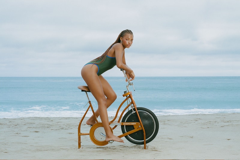 ookioh swimwear ss21 collection bikinis blue green bicycle beach sand