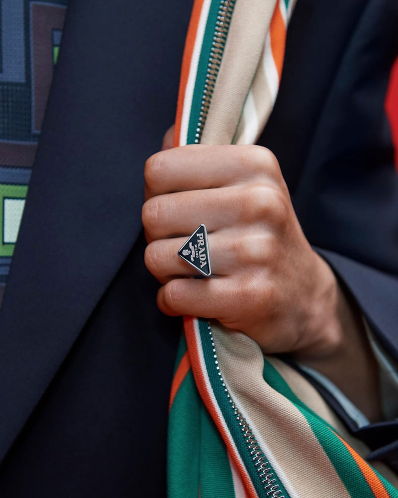 prada spring summer 2022 ss22 menswear raf simons miuccia accessories triangle logo ring