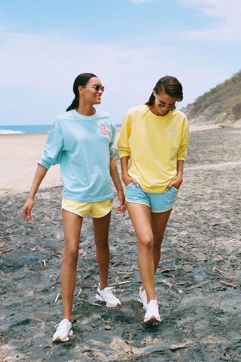 staud new balance 327 sneakers collaboration beach t-shirt shorts