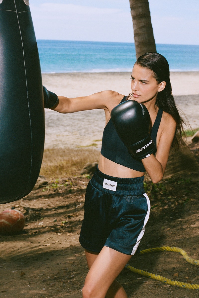 staud new balance 327 sneakers collaboration boxing shorts beach