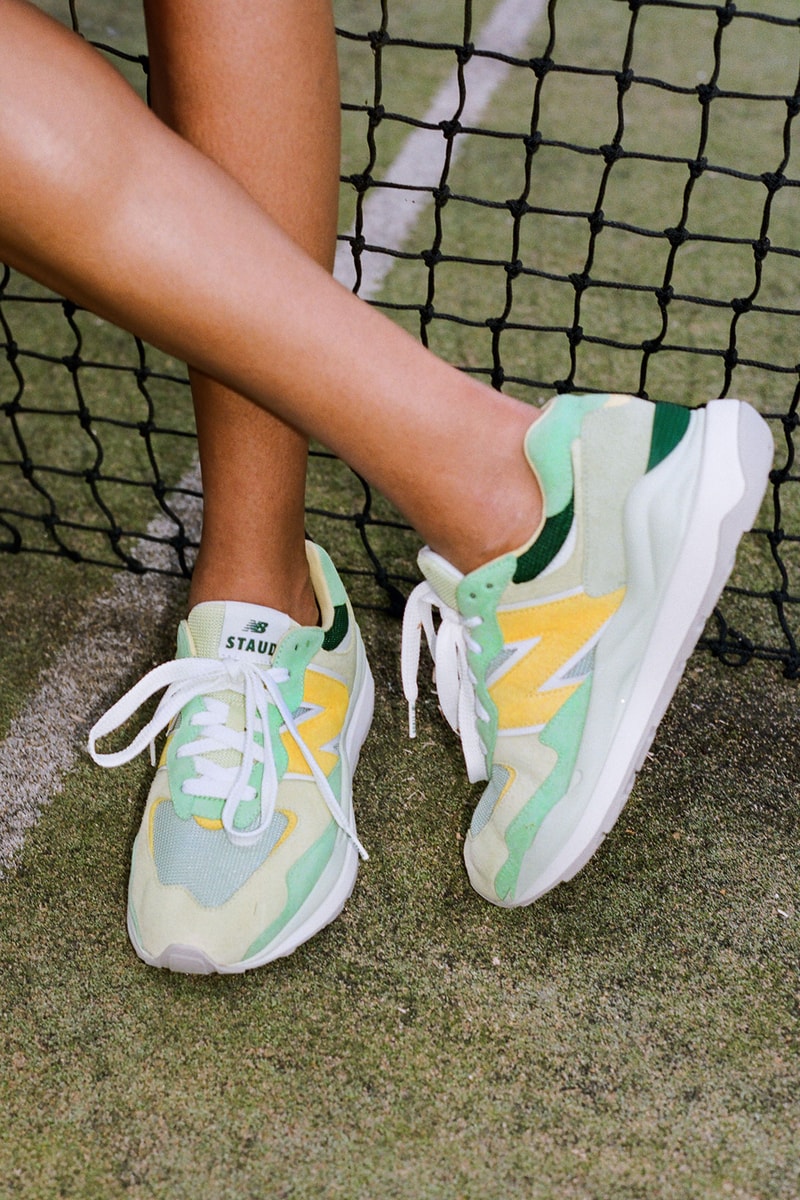 staud new balance 327 sneakers collaboration tennis court