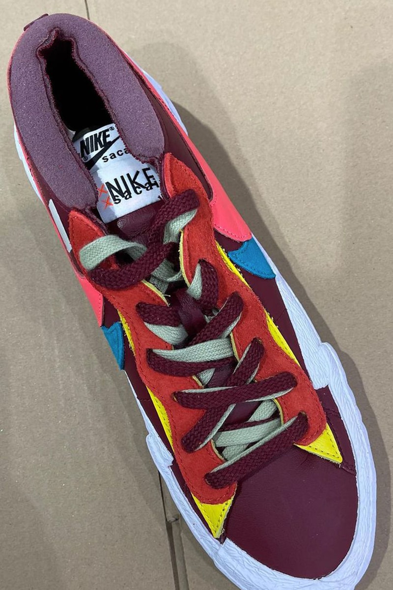 kaws sacai nike blazer low collaboration red burgundy details shoelaces