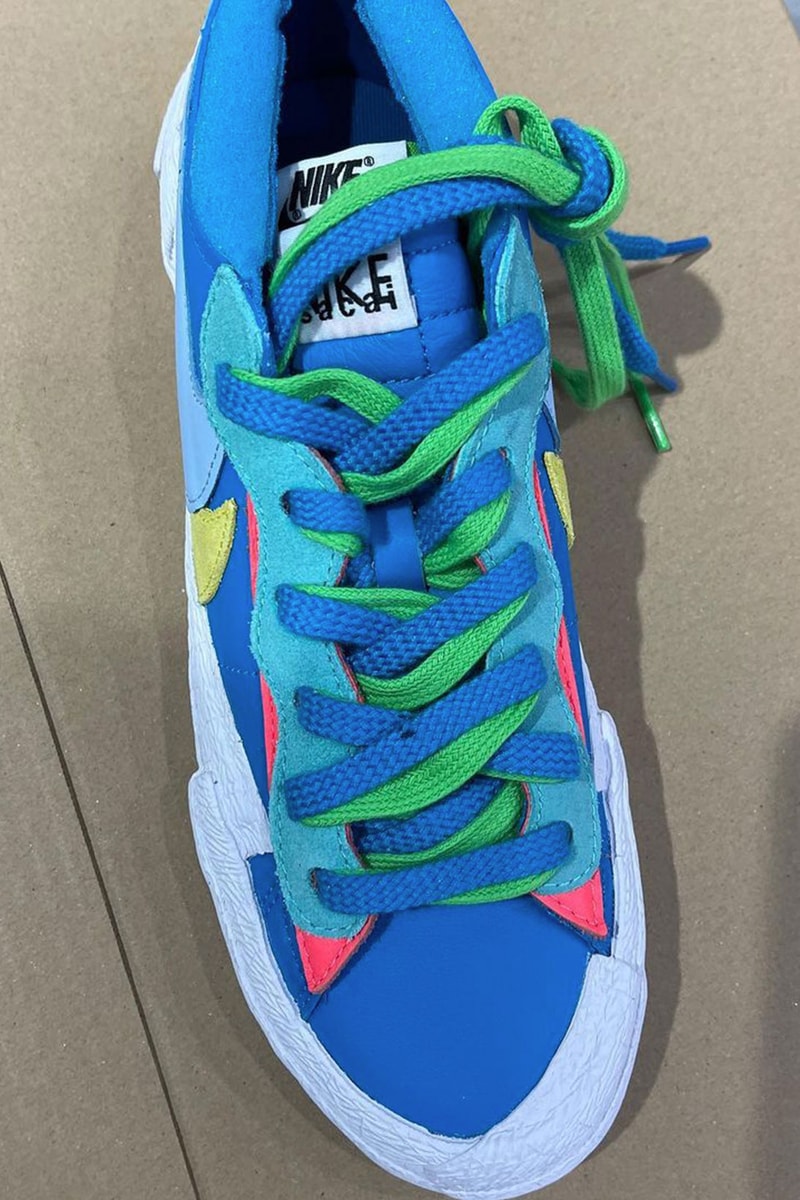 kaws sacai nike blazer low collaboration blue shoelaces
