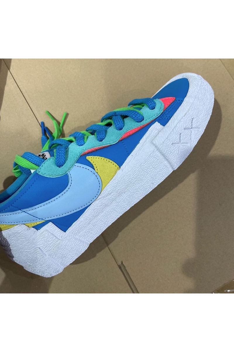 kaws sacai nike blazer low collaboration blue swooshes details upper