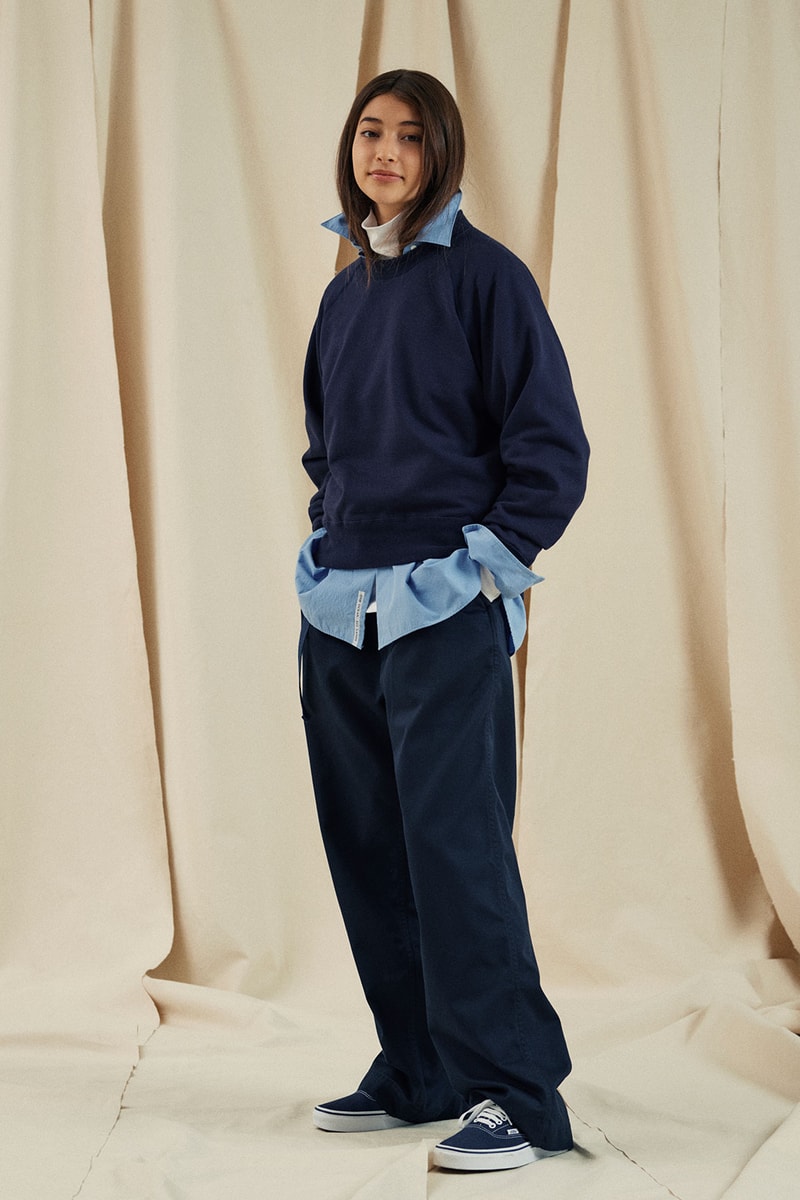 nanamica fall winter fw21 womenswear lookbook denim shirt sweater trousers