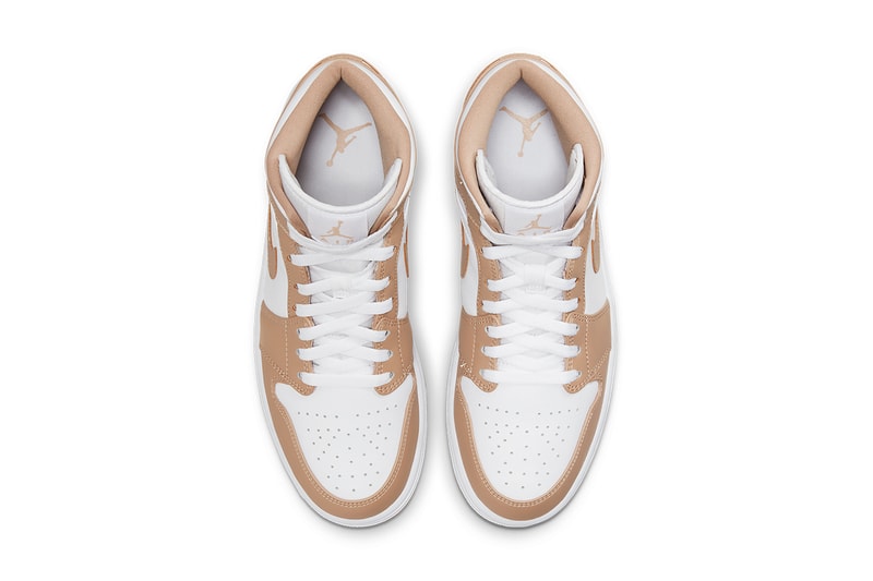 Nike AJ1 Air Jordan 1 Mid Hemp Tan Brown White Sneakers Footwear Shoes Kicks Sneakerhead Top Aerial View Insole