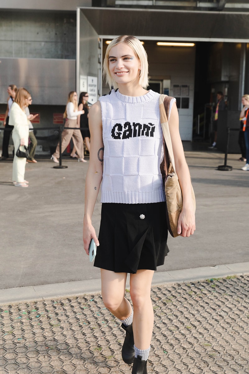 Street Style Copenhagen Fashion Week SS22 Spring Summer 2022 Nina Marker Danish Model Platinum Blonde Hair Ganni Sweater Vest