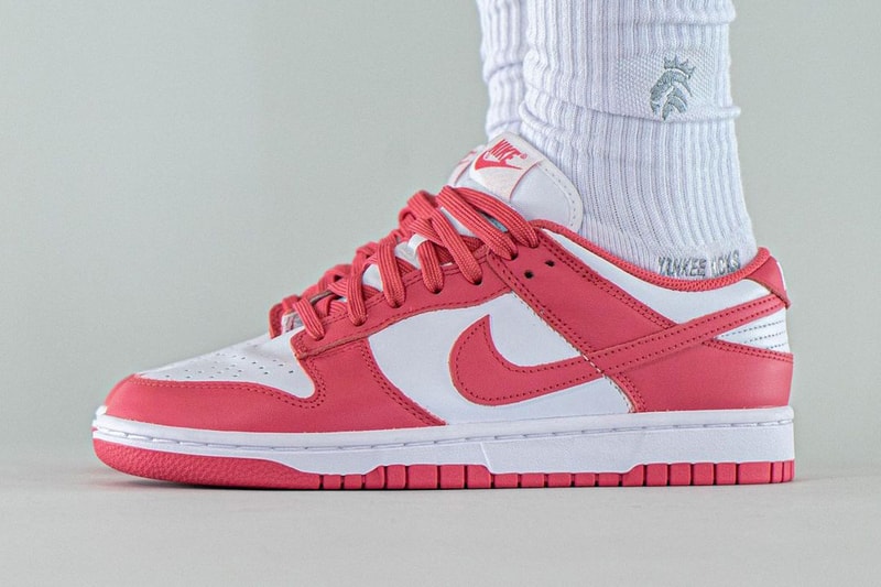 Nike Dunk Low Archeo Pink White Sneakers Footwear Shoes Kicks Sneakerhead Lateral On Foot