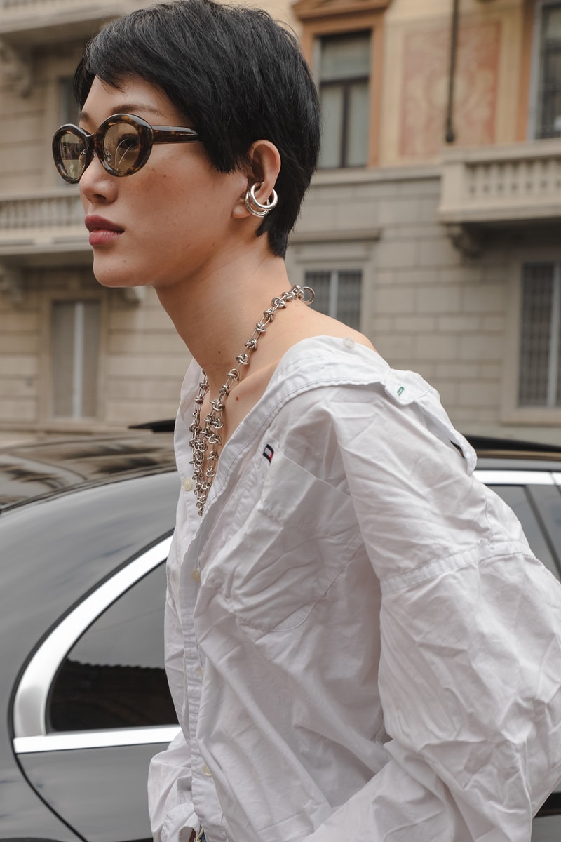 Sora Choi Short Hair Ear Cuff Off Duty Milan Fashion Week Street Style Spring Summer 2022 SS22 Influencer Outfit Korean Model
