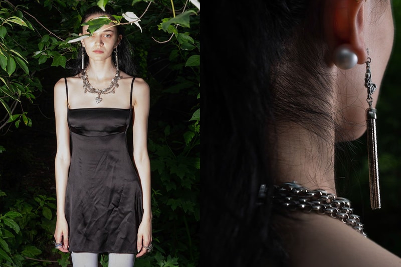 OHTNYC Jewelry Isolation Collection Slip Dress Crown Multichain Necklace Butterfly Earrings