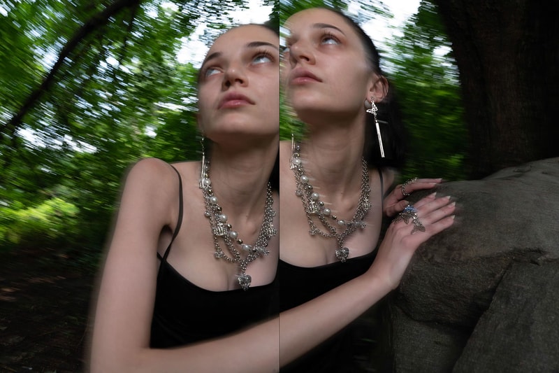 OHTNYC Jewelry Isolation Collection Slip Dress Crown Multichain Necklace Butterfly Earrings