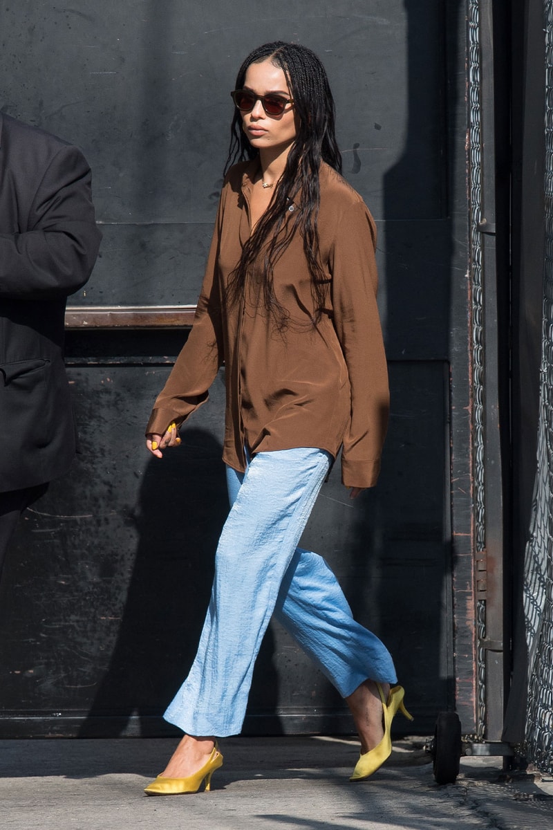 Zoë Kravitz Street Style Sunglasses Shirt Heels Trousers
