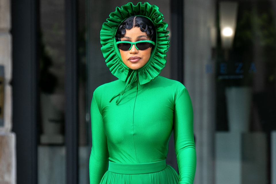 cardi b green dress Cardi B Wears Green Velvet Burberry Suit to the 2025 Met Gala