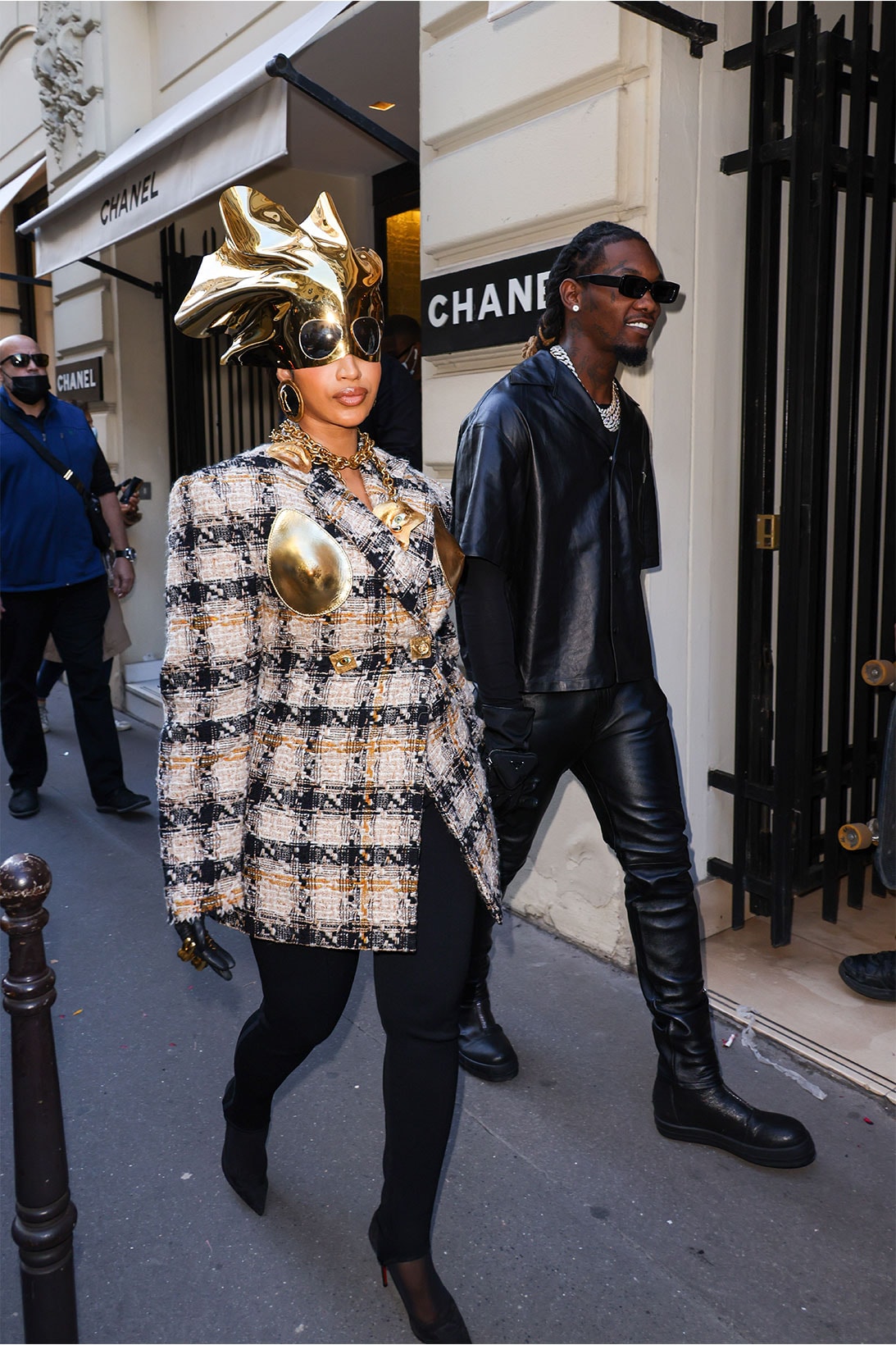 Cardi B Paris Fashion Week Spring Summer 2022  Best Outfits Celebrity Style Richard Quinn Green Bonnet Look Bottega Veneta Sunglasses 