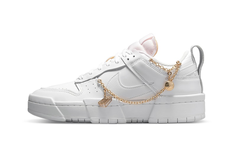 Nike Womens Sneakers Dunk Low Disrupt Gold Charms White Light Pink Footwear Kicks Shoes Lateral