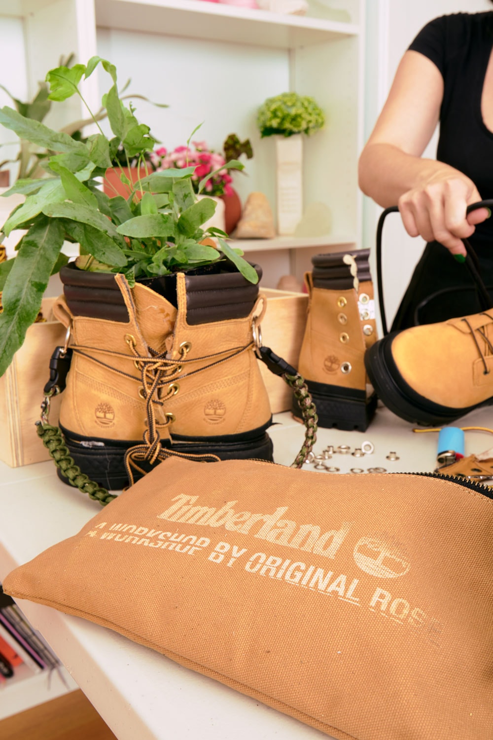 timberland olivia rose greenstride ray city waterproof boots nature inspired campaign planters plants potters