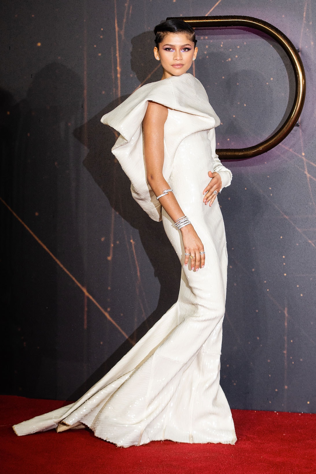 Zendaya Coleman Dune London Red Carpet Event Look Outfit Actor Rick Owens Dress Gown Cream White Sequined Timothee Chalamet Alexander Mcqueen Suit Fashion Celebrity Style 