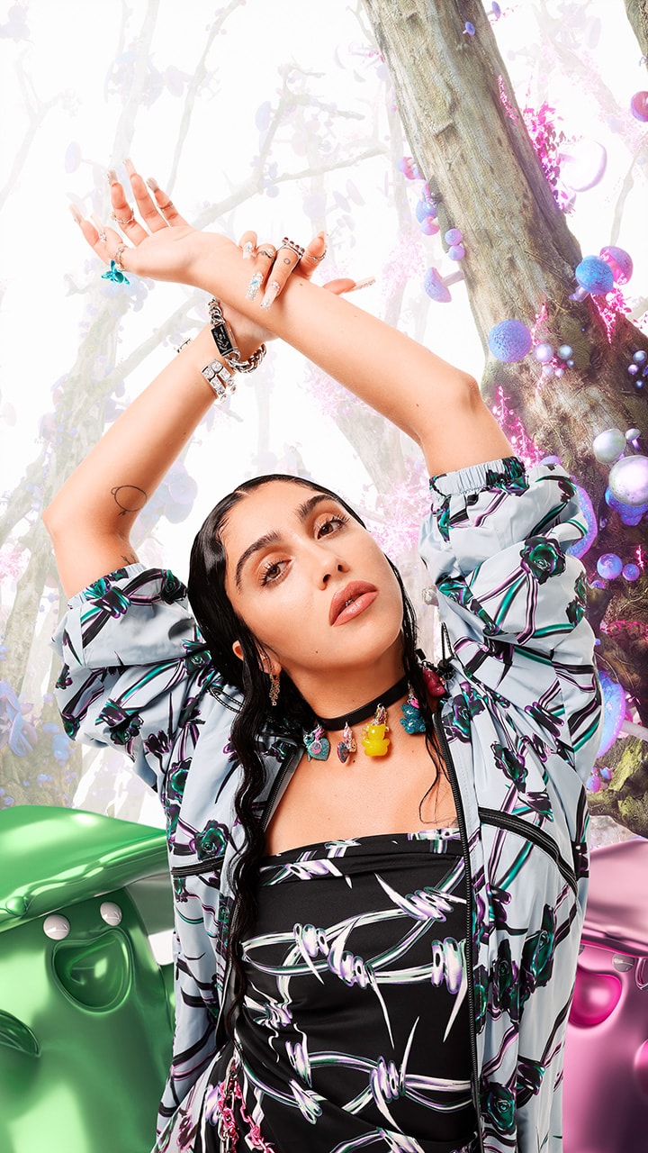 bimba y lola technonature collection blue rose bomber jacket charm maxi choker