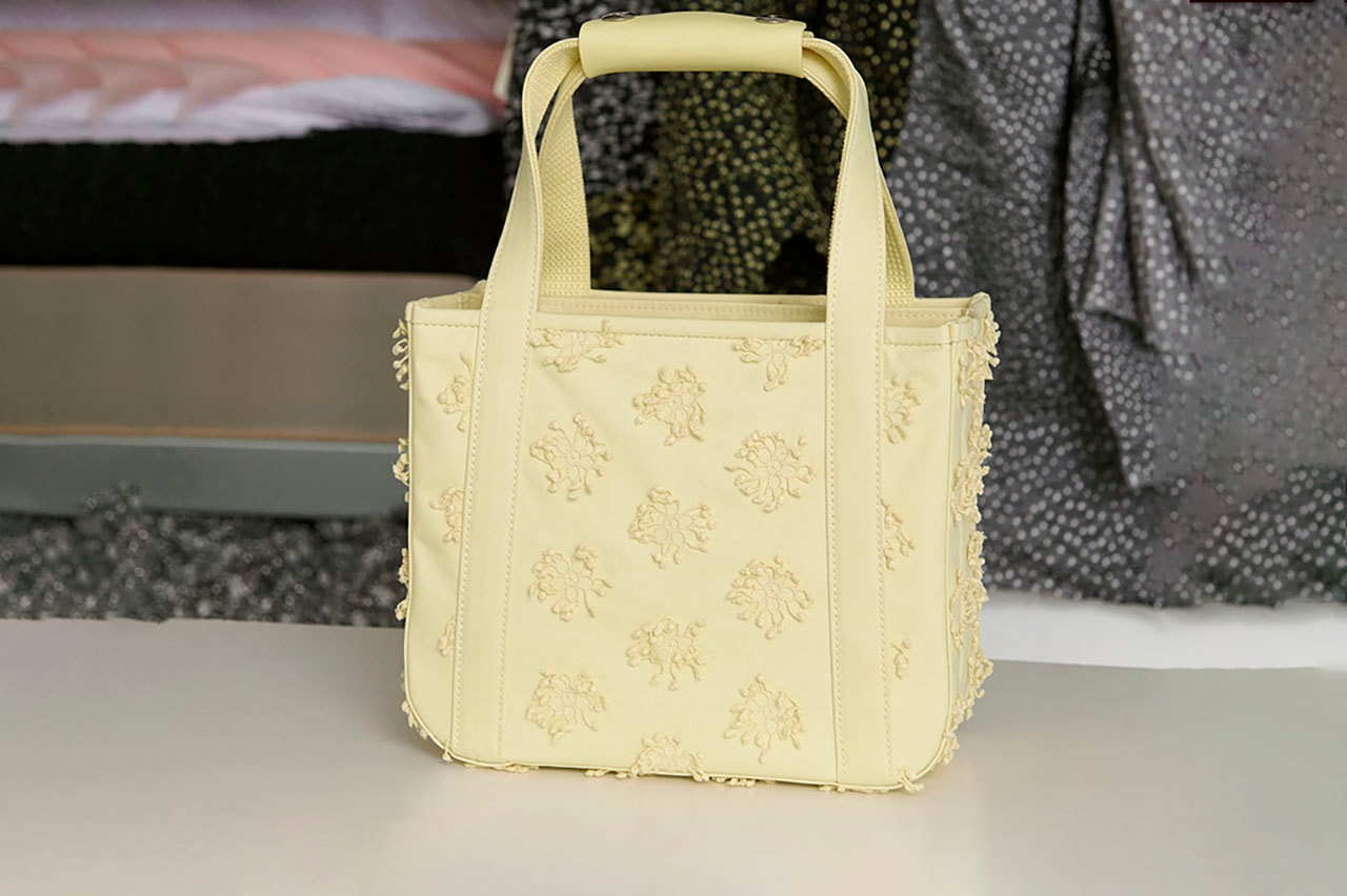 cecilie bahnsen handbag danish womenwear brand japanese chacoli upcycled fabric mackinstosh white grey blue black yellow tote bags