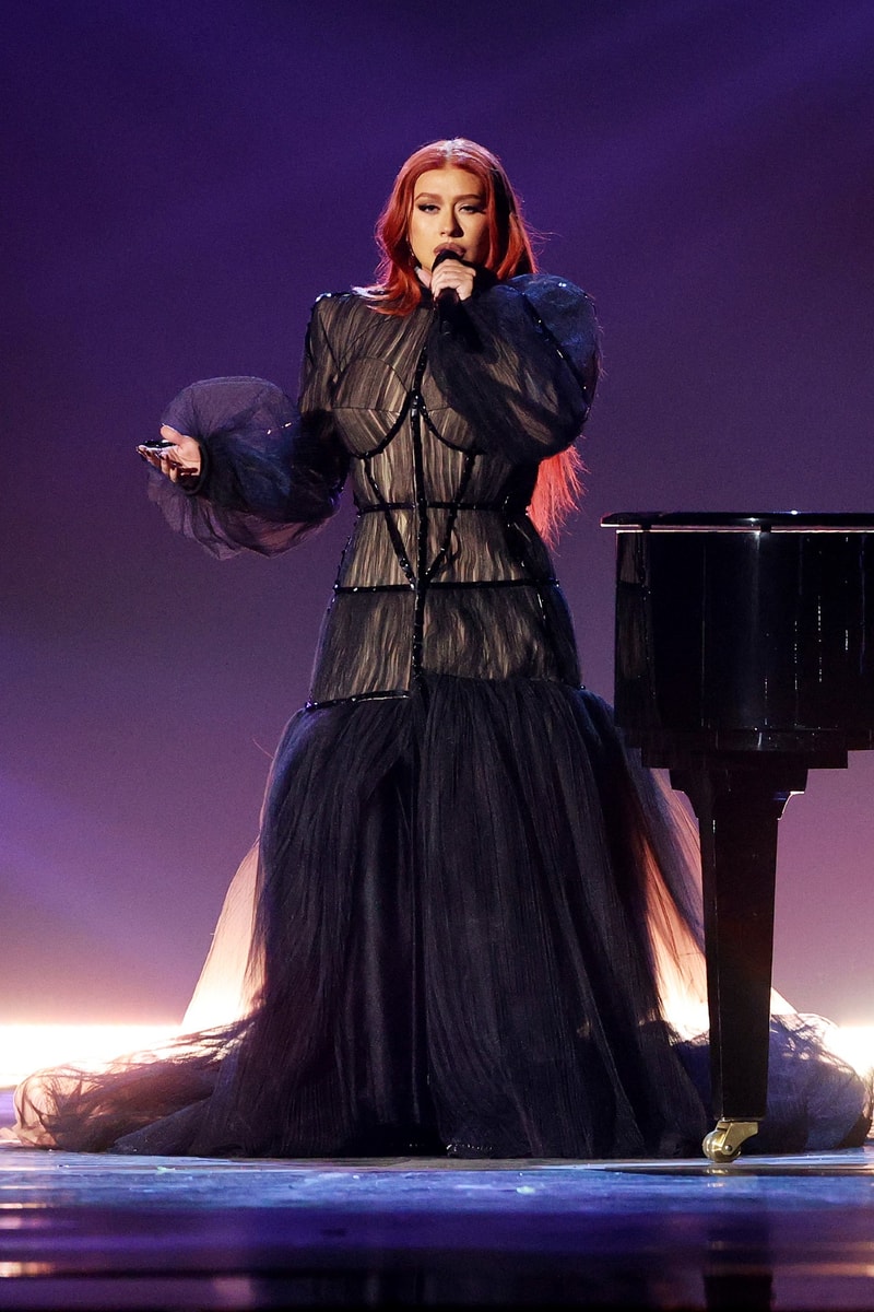 christina aguilera purple latex dress Christina Aguilera Brings Dominatrix Style to 2021 Latin Grammys with Fire-Red Hair and Latex Look