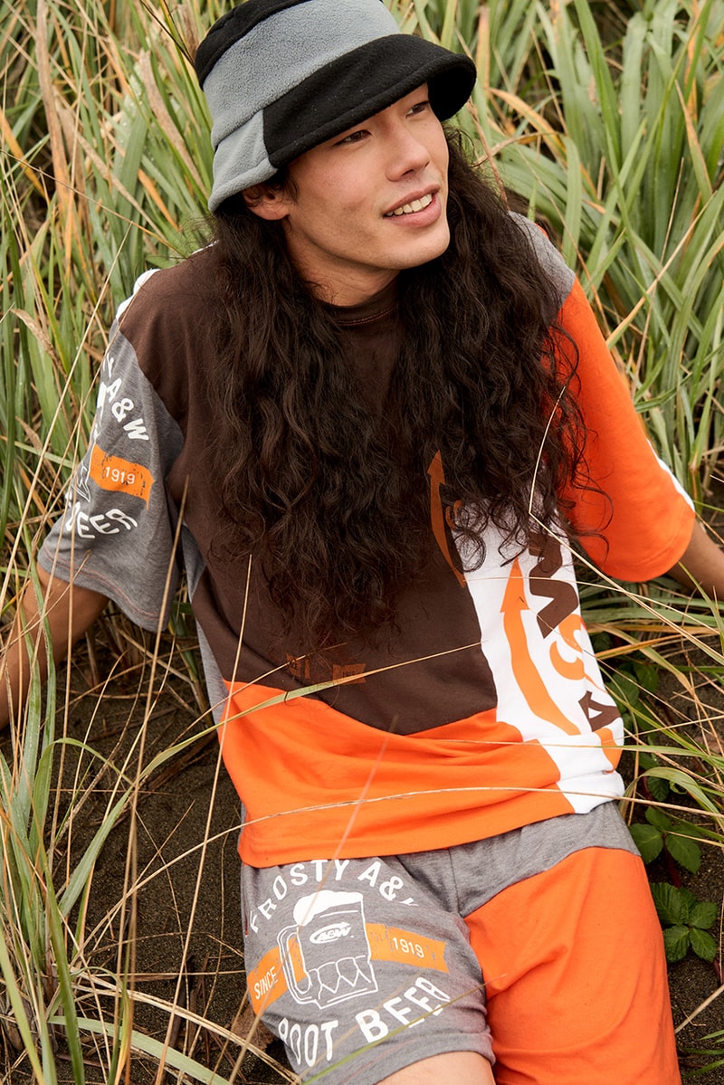frankie collective a&w merch collaboration upcycled shirt and shorts bucket hat