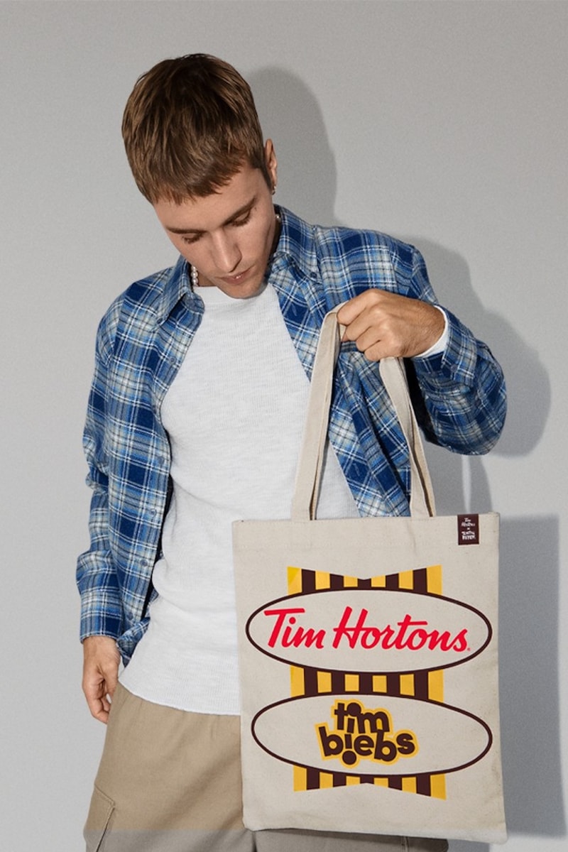 justin bieber tim hortons posing tote collab