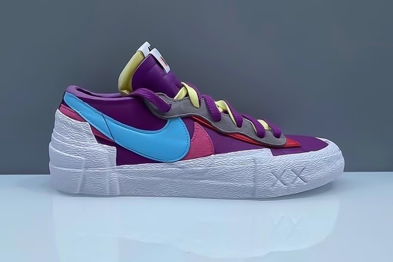 KAWS sacai Nike Blazer Low Purple Blue Pink Yellow White Colorway Sneakers Footwear Shoes Kicks Collaboration Lateral