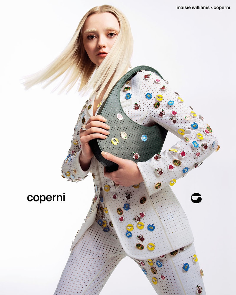 maisie williams french luxury fashion brand coperni vegan apple leather handbags customisable pins silver forest green berry 