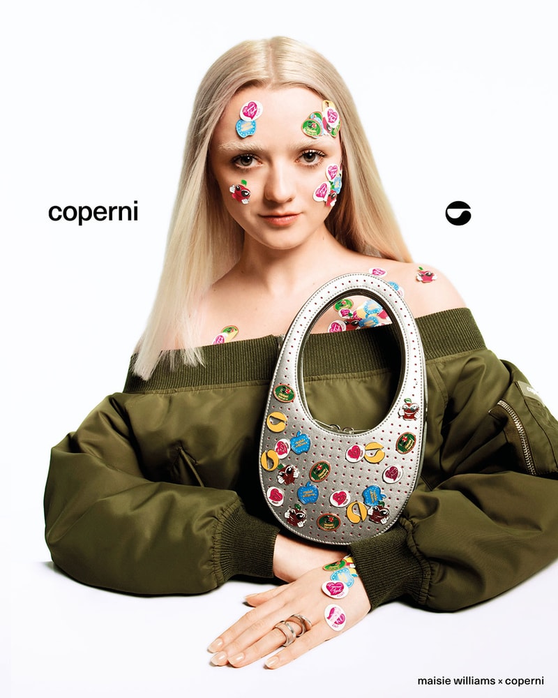 maisie williams coperni collaboration sustainable handbags vegan apple leather mini crossbody silver customizable pins