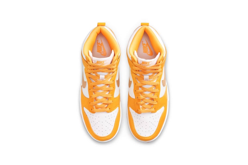 Nike Womens Dunk High University Gold Yellow White Sneakers Footwear Shoes Kicks Top Aerial View Insole