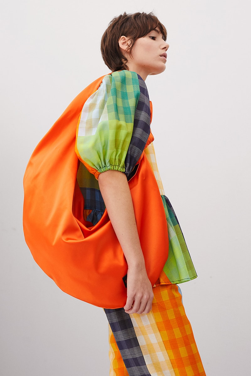 stine goya check print dress orange hobo bag