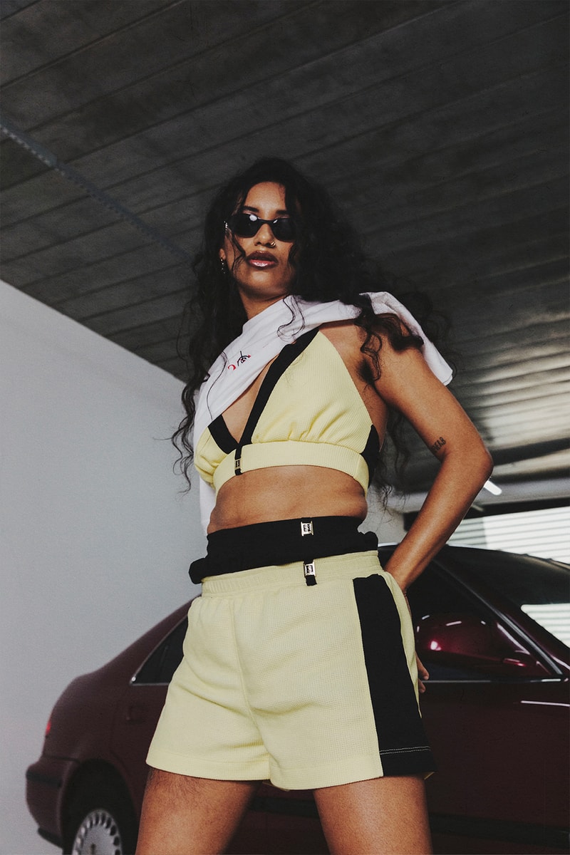 CLASS x SAY UR Women Streetwear Green Sports Bra White T-shirt Collection Apparel Accessories Sunglasses Buckle Full Body Shot