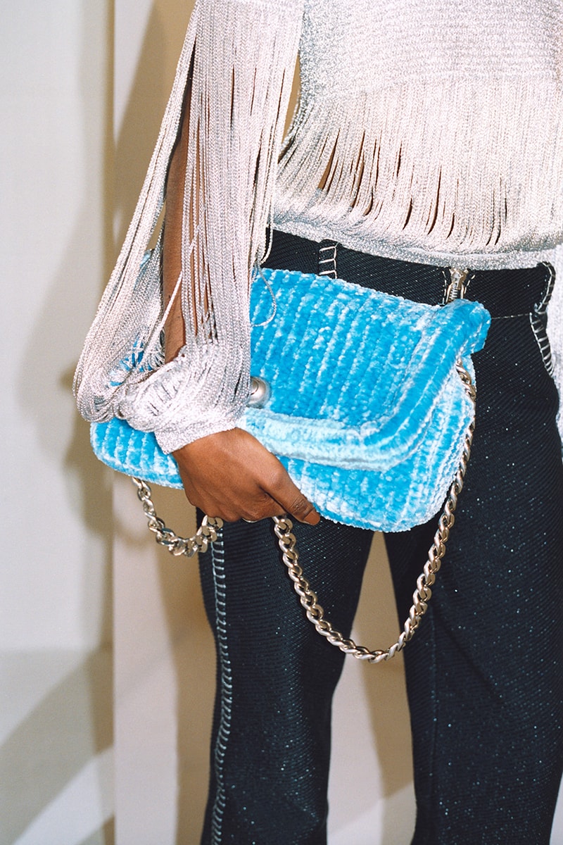 bottega veneta resort 2022 long sleeve fringe top blue envelope bag