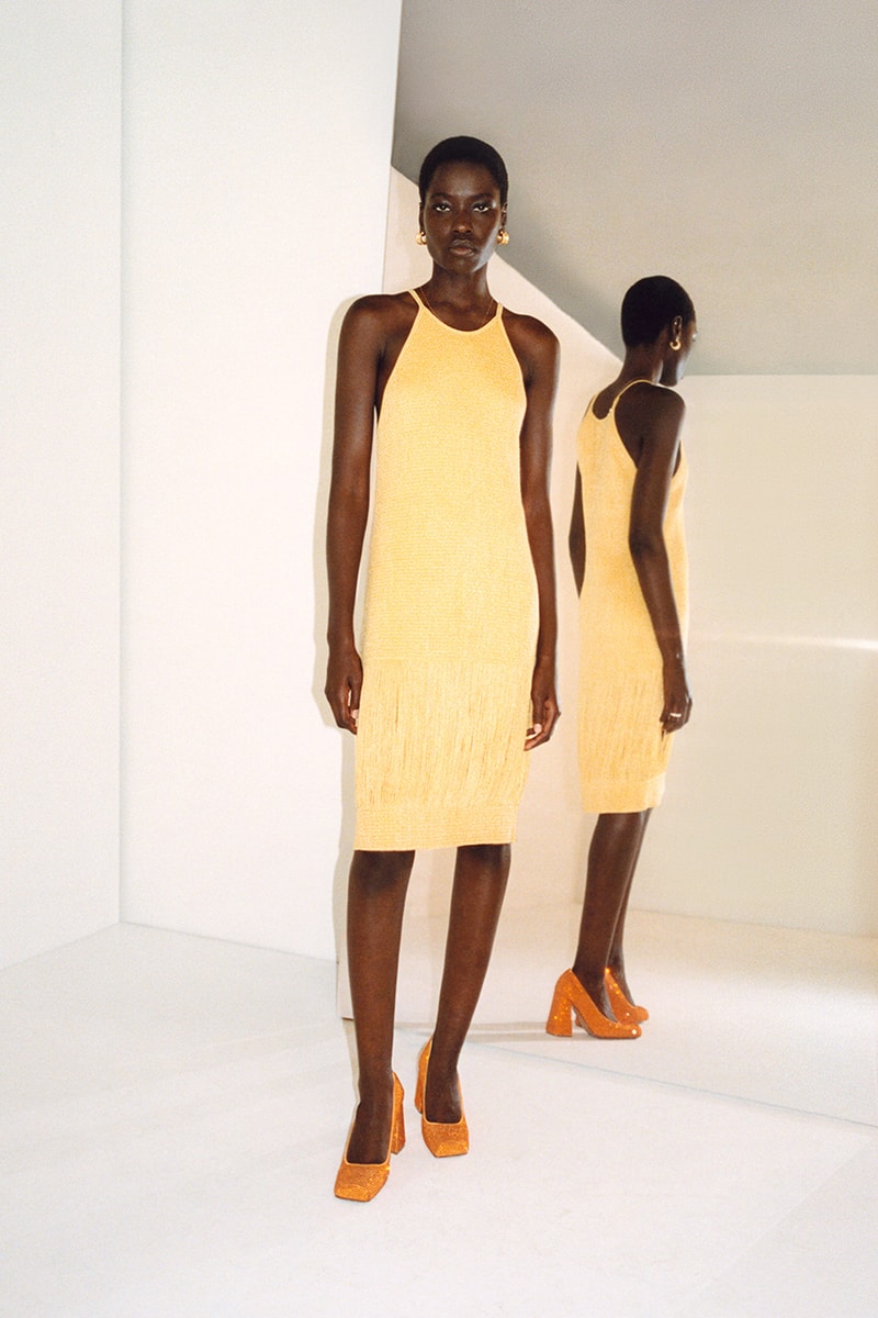 bottega veneta resort 2022 orange fringe dress square toed heels