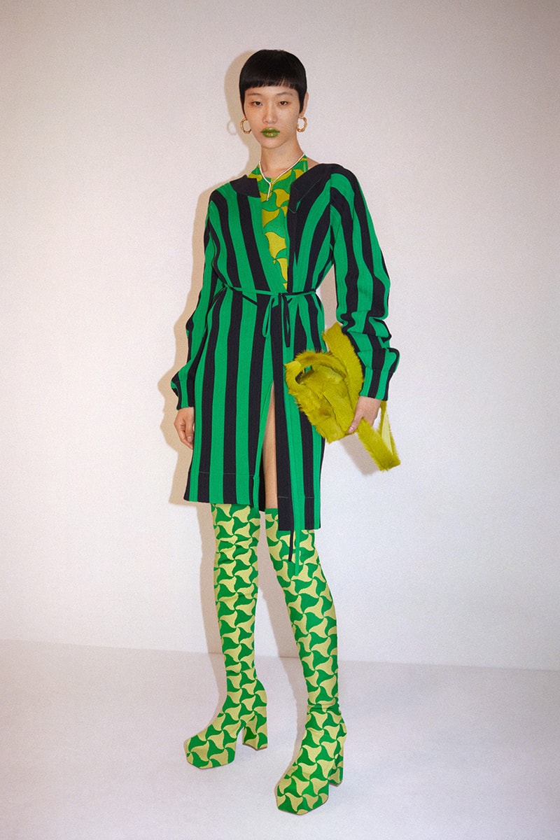 bottega veneta resort 2022 green shirt dress green yellow thigh high boots