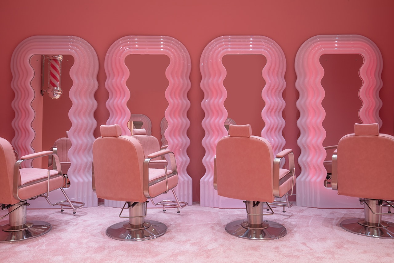 Cj Hendry Blonde Art Exhibition Wigs Drawing Pink Barbershop Chocolate Shop Tony's Chocolonely Ultrafragola wavy mirrors Ettore Sottsass