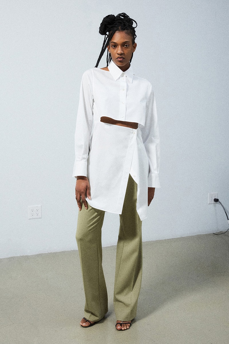 helmut lang pre-fall 2022 miniskirts trench coats blazers matching sets bandeau tops 